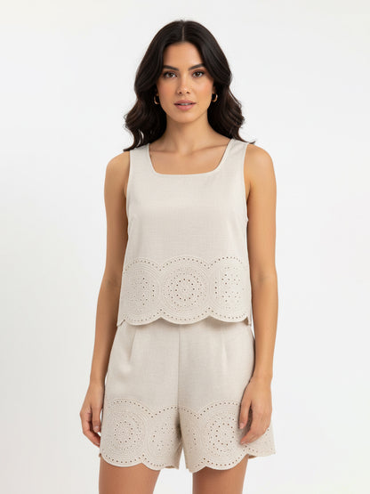 Women's Beige Square Neck Sleeveless Hollow-out Embroidered Cropped Top + Beige Hollow-out Embroidered Shorts Set, Retro-style Sweet Slimming Two-piece Outfit