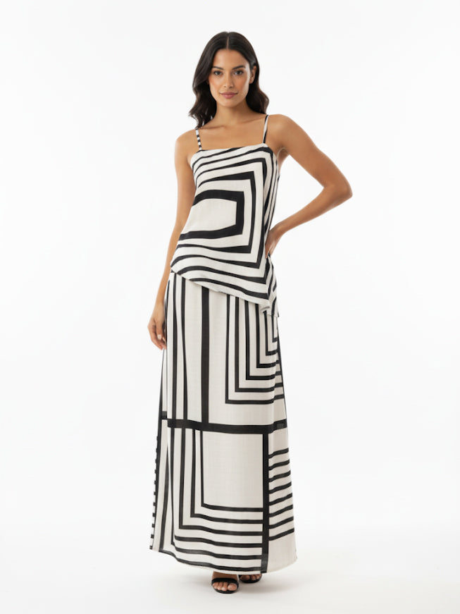 Women's Black and White Geometric Patterned Camisole Cropped Top + Black and White Geometric Patterned Maxi Skirt Set, Retro-style Minimalist Slimming Two-piece Outfit