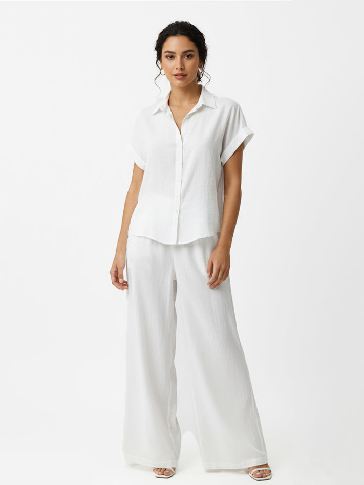 Women's White Collared Short-sleeve Cropped Top + White Wide-leg Pants Set, Retro-style Minimalist Slimming Two-piece Outfit