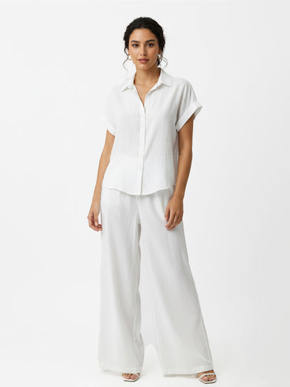 Women's White Collared Short-sleeve Cropped Top + White Wide-leg Pants Set, Retro-style Minimalist Slimming Two-piece Outfit
