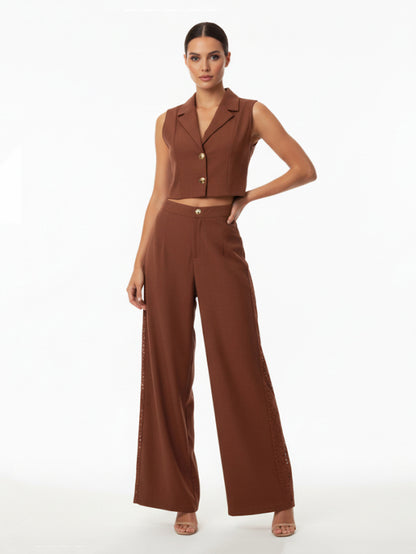 Women's Brown Collared Sleeveless Cropped Top + Brown Hollow-out Wide-leg Pants Set, Retro-style Smart Slimming Two-piece Outfit