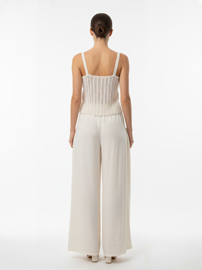 Women's Beige Hollow-out Ruched Camisole Cropped Top + Beige Wide-leg Pants Set, Retro-style Sweet Slimming Two-piece Outfit