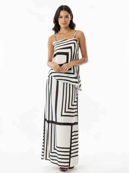 Women's Black and White Geometric Patterned Camisole Cropped Top + Black and White Geometric Patterned Maxi Skirt Set, Retro-style Minimalist Slimming Two-piece Outfit