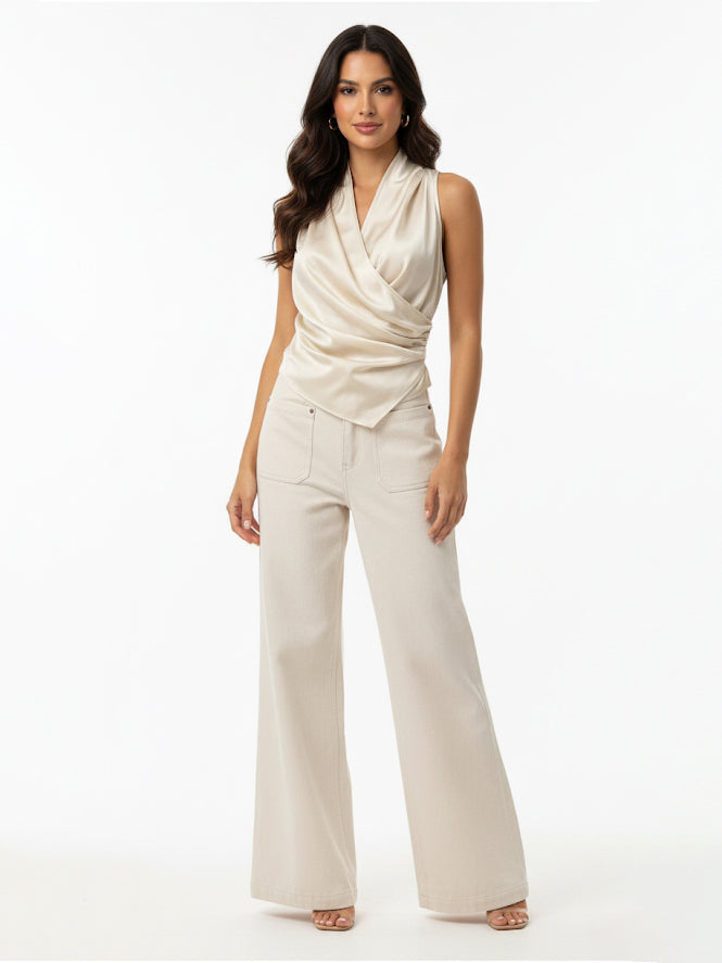 Women's Beige Draped Collar Sleeveless Waist-defined Top + Beige Wide-leg Pants Set, Retro-style Elegant Slimming Two-piece Outfit