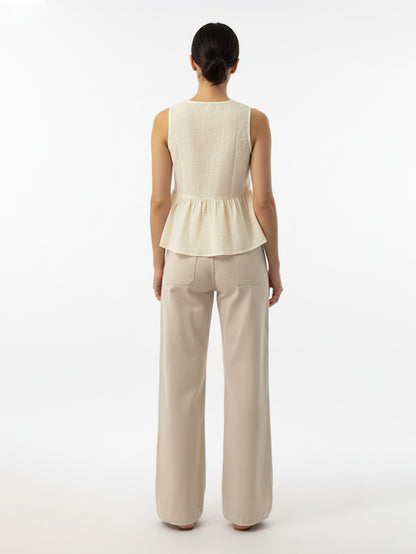 Women's Beige Floral Embroidered V-neck Sleeveless Peplum Top + Beige Wide-leg Pants Set, Retro-style Sweet Slimming Two-piece Outfit