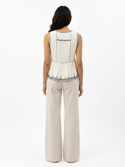 Women's Beige Ethnic Embroidered Sleeveless Cropped Top + Beige Wide-leg Pants Set, Retro-style Exotic Slimming Two-piece Outfit