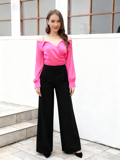 Women's Fuchsia Rhinestone Strap Off-shoulder Cropped Satin Top, Party-style Retro Metallic Accent Crop Top