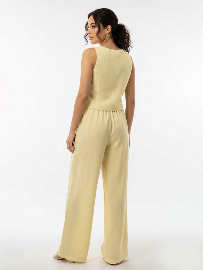 Women's Light Yellow Sleeveless Single-breasted Cropped Top + Wide-leg Pants Set, Retro-style Fresh Slimming Two-piece Outfit