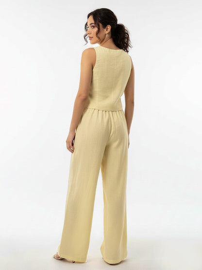 Women's Light Yellow Sleeveless Single-breasted Cropped Top + Wide-leg Pants Set, Retro-style Fresh Slimming Two-piece Outfit