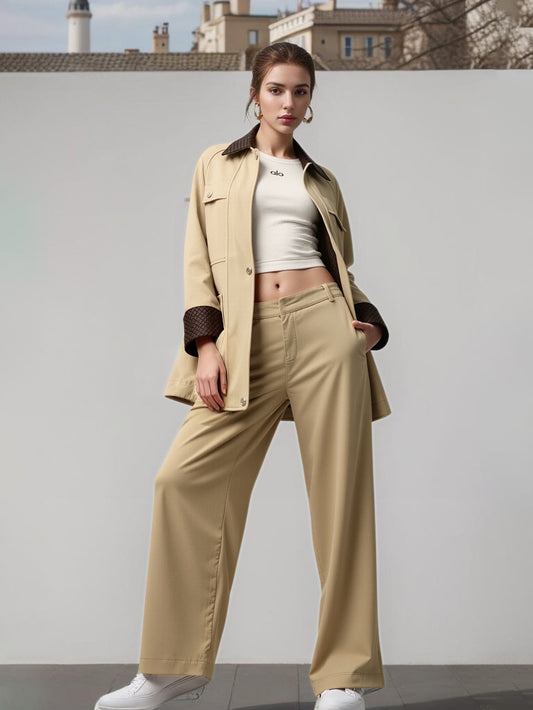 Women's Khaki Color-Block Cargo-Style Jacket + Wide-Leg Pants Two-Piece Set, Women's Casual & Office-Ready Outfit,Minimum order quantity: 1 piece