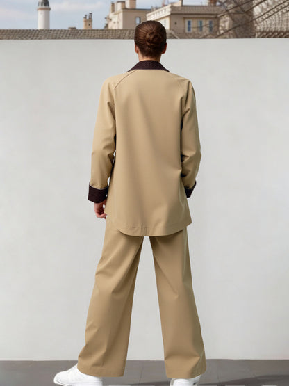 Women's Khaki Color-Block Cargo-Style Jacket + Wide-Leg Pants Two-Piece Set, Women's Casual & Office-Ready Outfit,Minimum order quantity: 1 piece