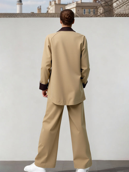 Women's Khaki Color-Block Cargo-Style Jacket + Wide-Leg Pants Two-Piece Set, Women's Casual & Office-Ready Outfit,Minimum order quantity: 1 piece