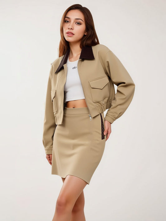 Women's Khaki Color-Block Cargo-Style Cropped Jacket + Shorts Two-Piece Set,Minimum order quantity: 1 piece