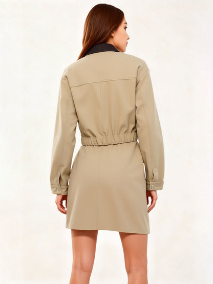 Women's Khaki Color-Block Cargo-Style Cropped Jacket + Shorts Two-Piece Set,Minimum order quantity: 1 piece