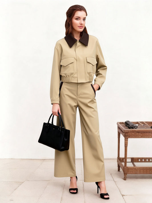 Women's Khaki Color-Block Paneled Cargo-Style Short Jacket + Wide-Leg Pants Two-Piece Set,