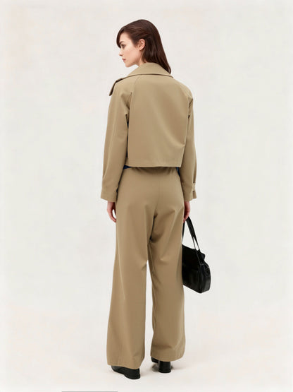 Women's Khaki Short Trench Coat + Wide-Leg Pants Two-Piece Set