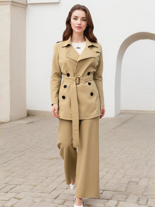 Women's Khaki Classic Trench Coat + Wide-Leg Pants Two-Piece Set