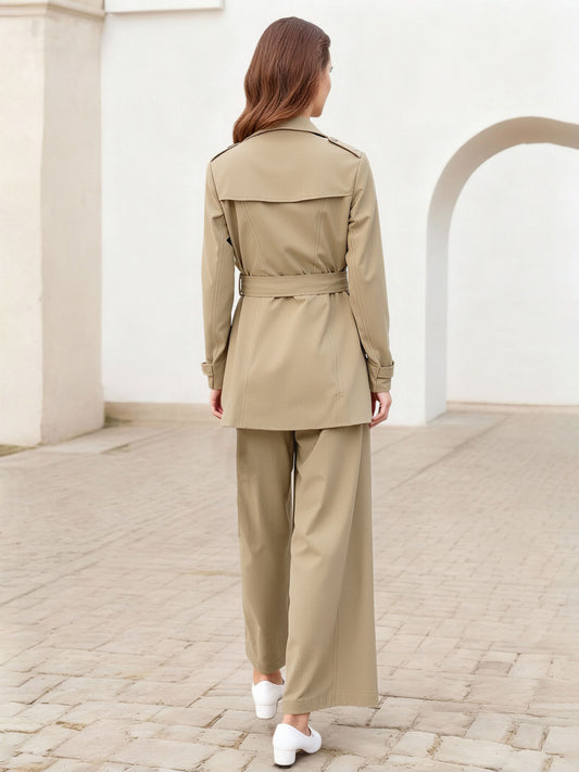 Women's Khaki Classic Trench Coat + Wide-Leg Pants Two-Piece Set