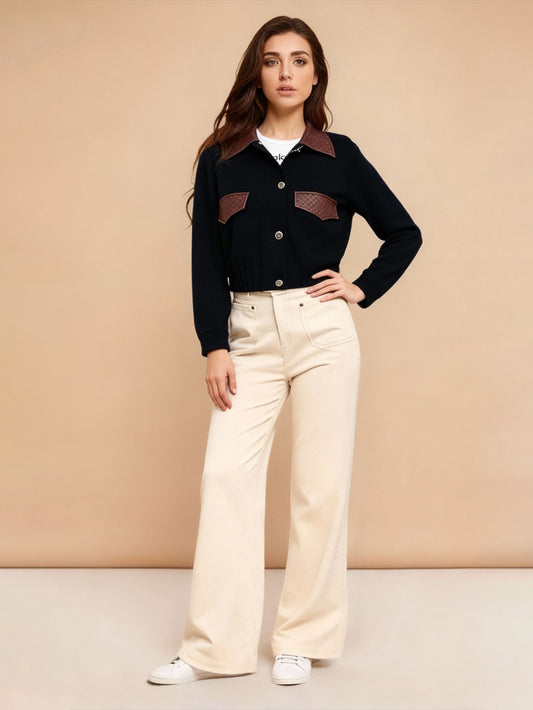 Women's Black Contrast-Color Paneled Short Jacket + Beige Wide-Leg Pants Two-Piece Set