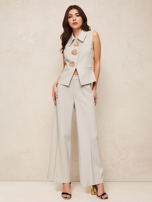Women's Beige Irregular Metal-Button Sleeveless Vest + Wide-Leg Pants Two-Piece Set