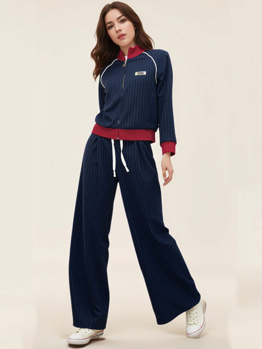 Women's Contrast Color Stand Collar Striped Tracksuit, Retro Navy Wide-leg Two-piece Set