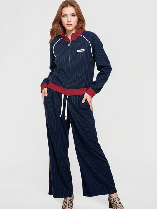 Women's Contrast Color Stand Collar Striped Tracksuit, Retro Navy Wide-leg Two-piece Set