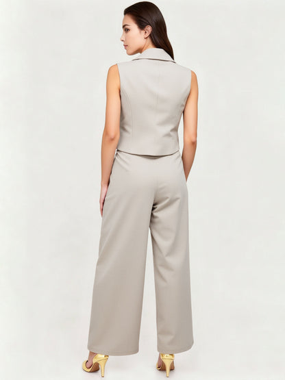 Women's Beige Irregular Metal-Button Sleeveless Vest + Wide-Leg Pants Two-Piece Set