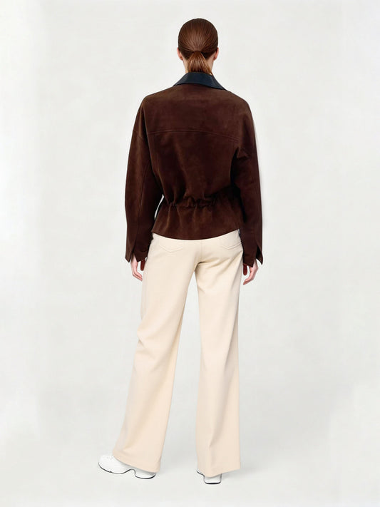 Women's Dark Brown Suede-Like Color-Block Fitted-Waist Cropped Jacket + Beige Wide-Leg Pants Two-Piece Set