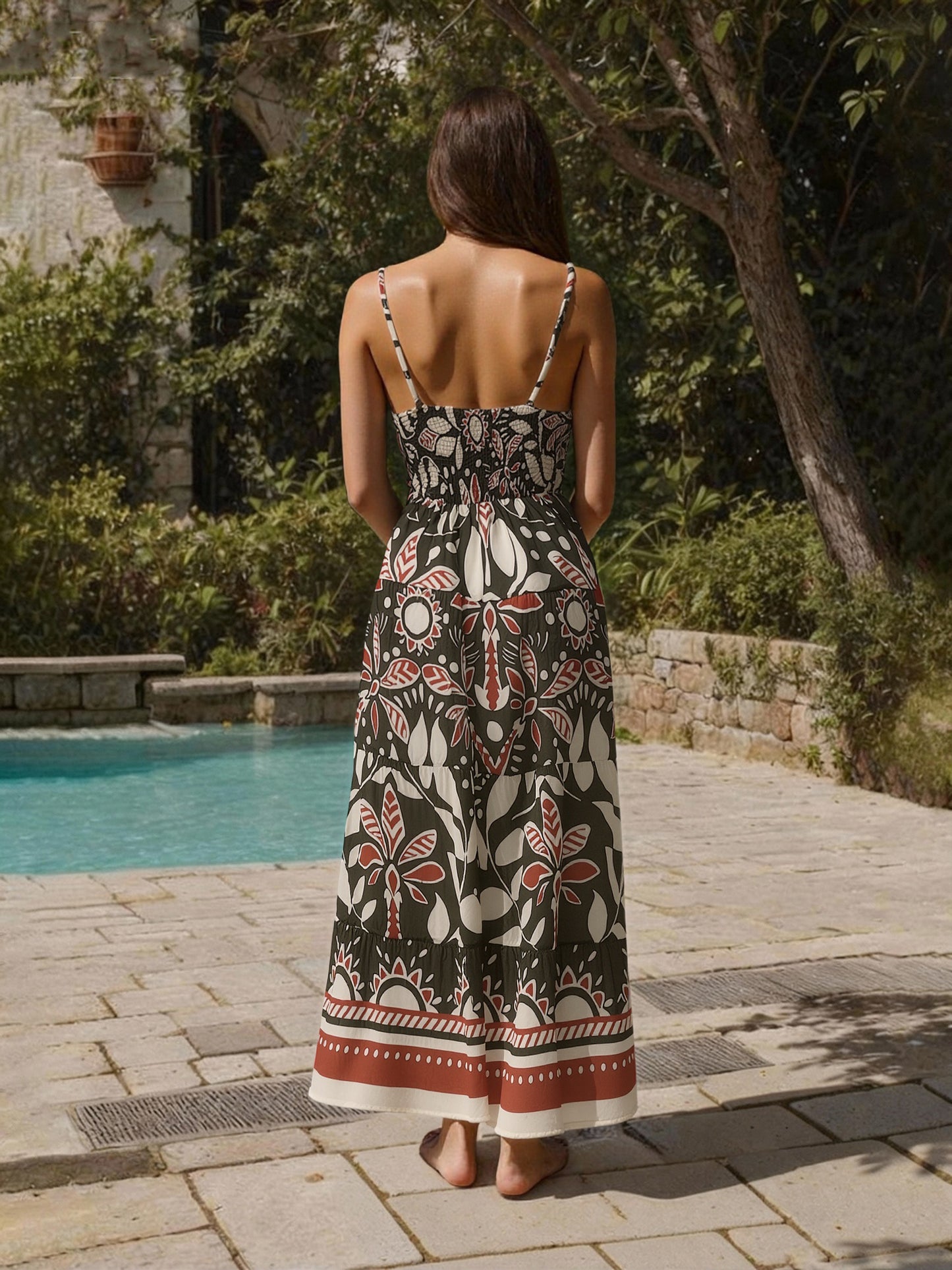 Women's Black-based Red Brown Plant Print Camisole Maxi Dress, Holiday-style Retro Slimming Ethnic-style Dress