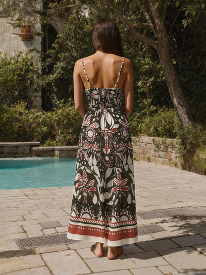 Women's Black-based Red Brown Plant Print Camisole Maxi Dress, Holiday-style Retro Slimming Ethnic-style Dress