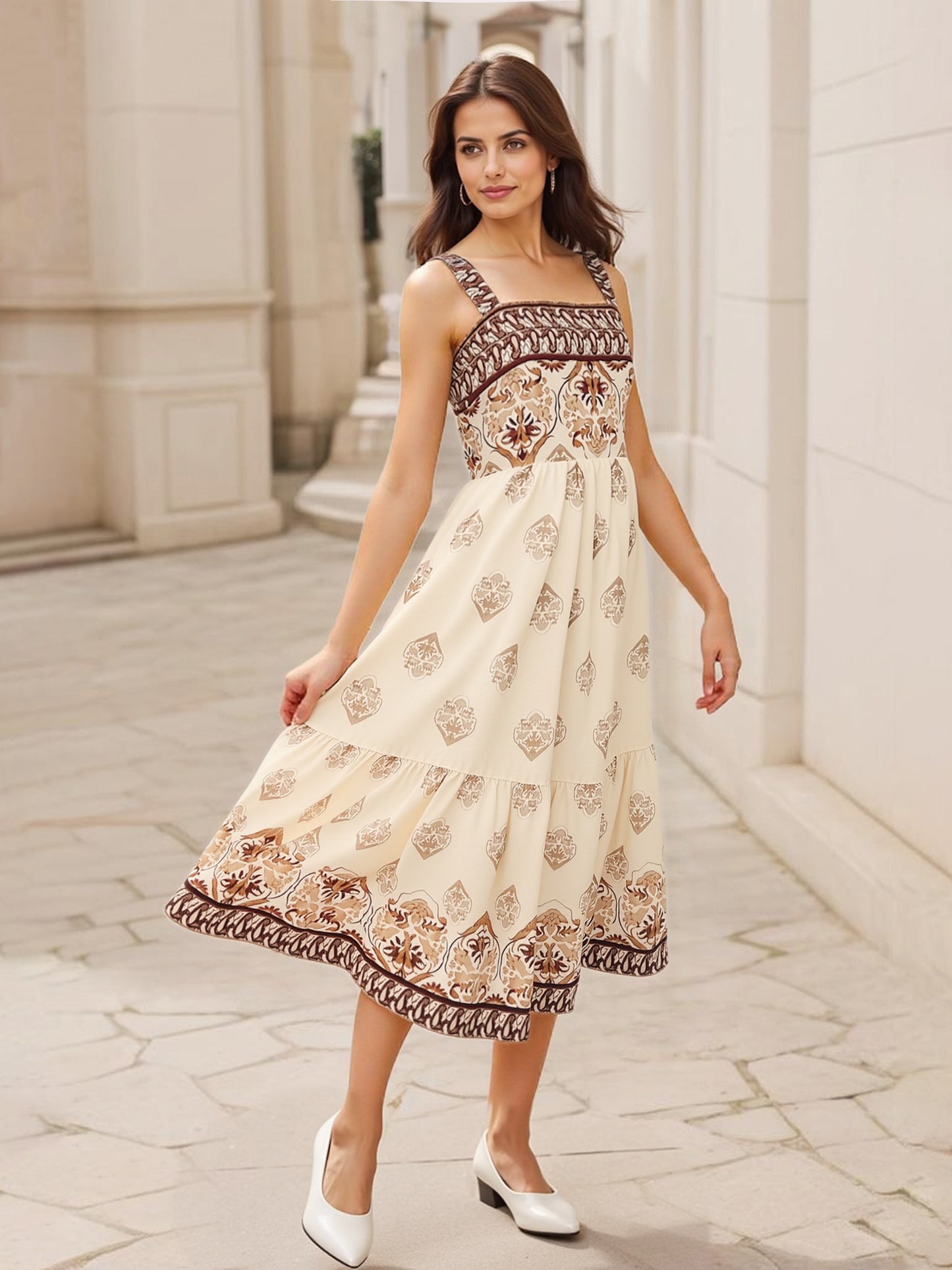 Women's Beige-brown Printed Square Neck Camisole Midi Dress, Retro-style Elegant Slimming Ethnic-style Dress