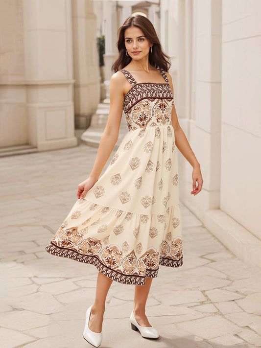 Women's Beige-brown Printed Square Neck Camisole Midi Dress, Retro-style Elegant Slimming Ethnic-style Dress