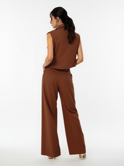 Women's Brown Collared Sleeveless Contrast Cropped Top + Brown Contrast Wide-leg Pants Set, Retro-style Minimalist Slimming Two-piece Outfit