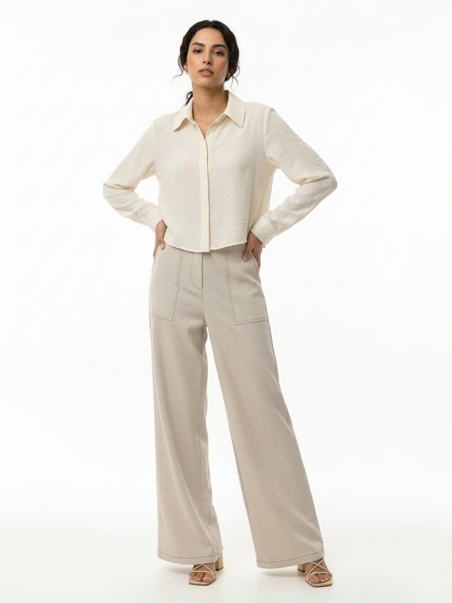 Women's Beige Collared Long-sleeve Cropped Top + Beige Wide-leg Pants Set, Retro-style Minimalist Slimming Two-piece Outfit