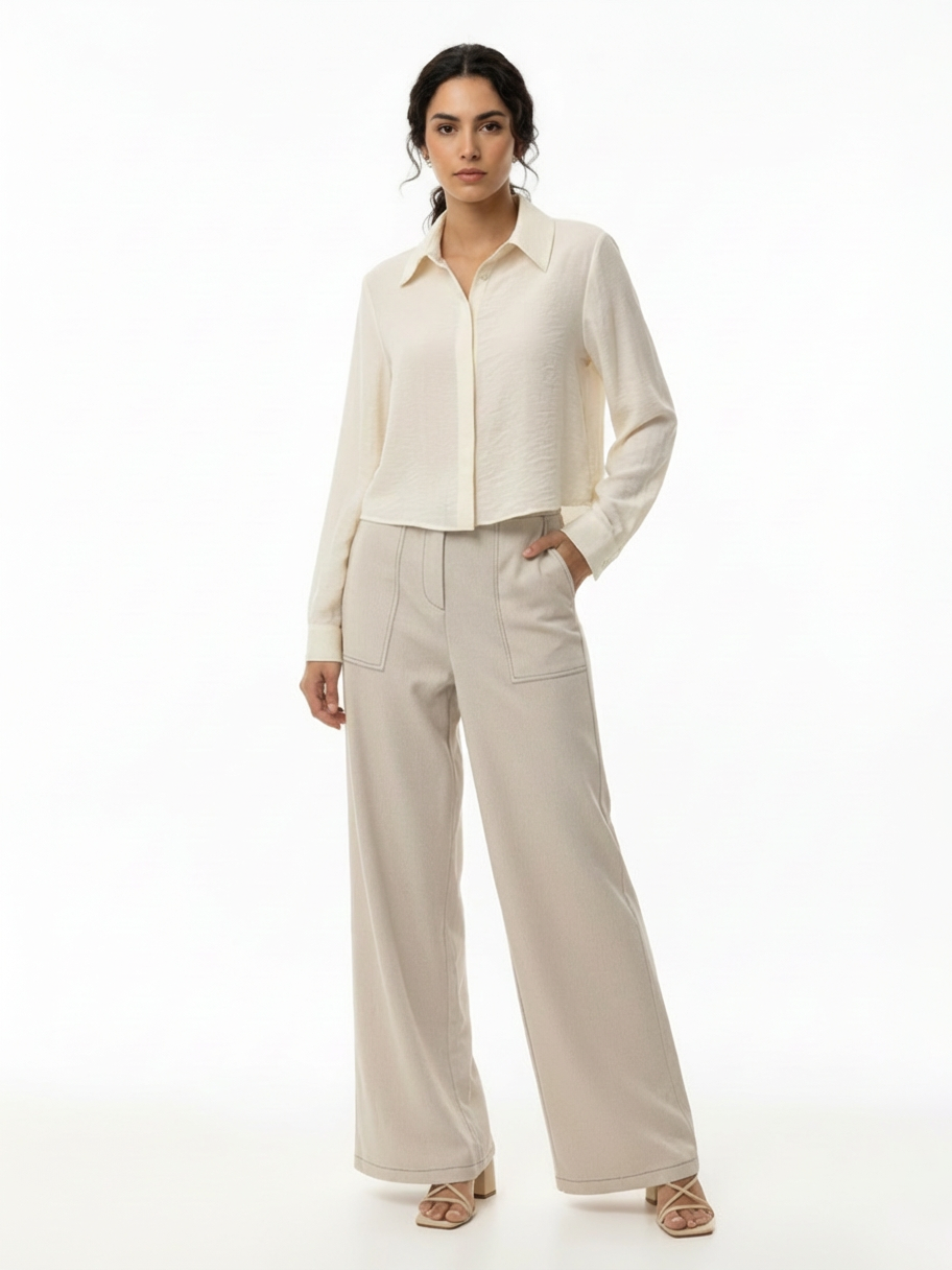 Women's Beige Collared Long-sleeve Cropped Top + Beige Wide-leg Pants Set, Retro-style Minimalist Slimming Two-piece Outfit