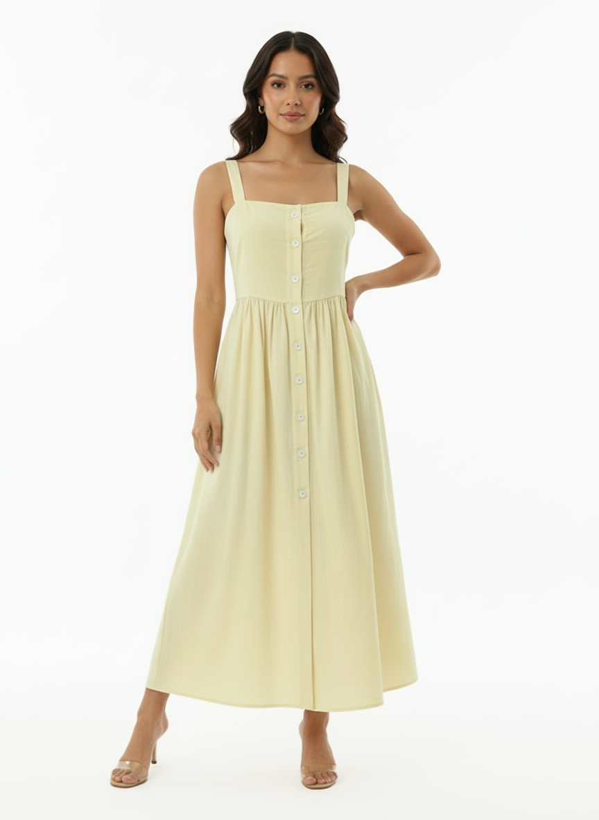 Women's Light Yellow Square Neck Single-breasted Camisole Maxi Dress, Retro-style Fresh Slimming A-line Dress