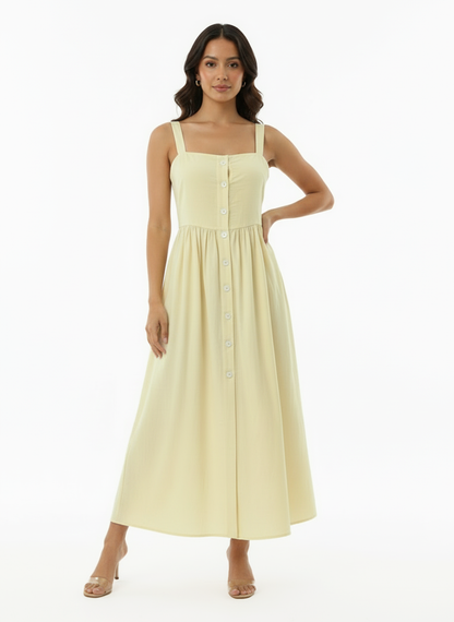 Women's Light Yellow Square Neck Single-breasted Camisole Maxi Dress, Retro-style Fresh Slimming A-line Dress