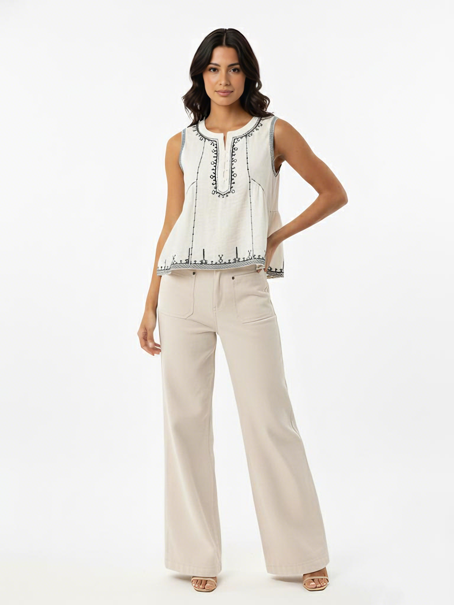 Women's Beige Ethnic Embroidered Sleeveless Cropped Top + Beige Wide-leg Pants Set, Retro-style Exotic Slimming Two-piece Outfit