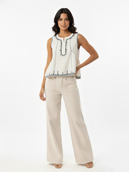 Women's Beige Ethnic Embroidered Sleeveless Cropped Top + Beige Wide-leg Pants Set, Retro-style Exotic Slimming Two-piece Outfit