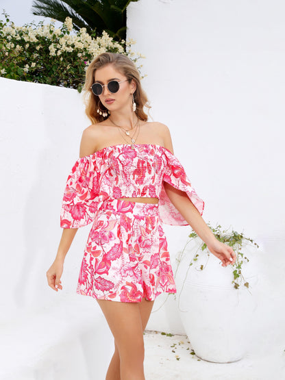 Women's Pink Floral Leaf Print Off-shoulder Crop Top + Shorts Set, Holiday-style Sweet Off-shoulder Two-piece Outfit