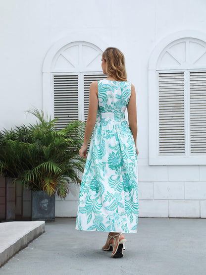 Women's Green and White Plant Print Sleeveless V-neck Slit Maxi Dress, Holiday Style Waisted Flared Dress