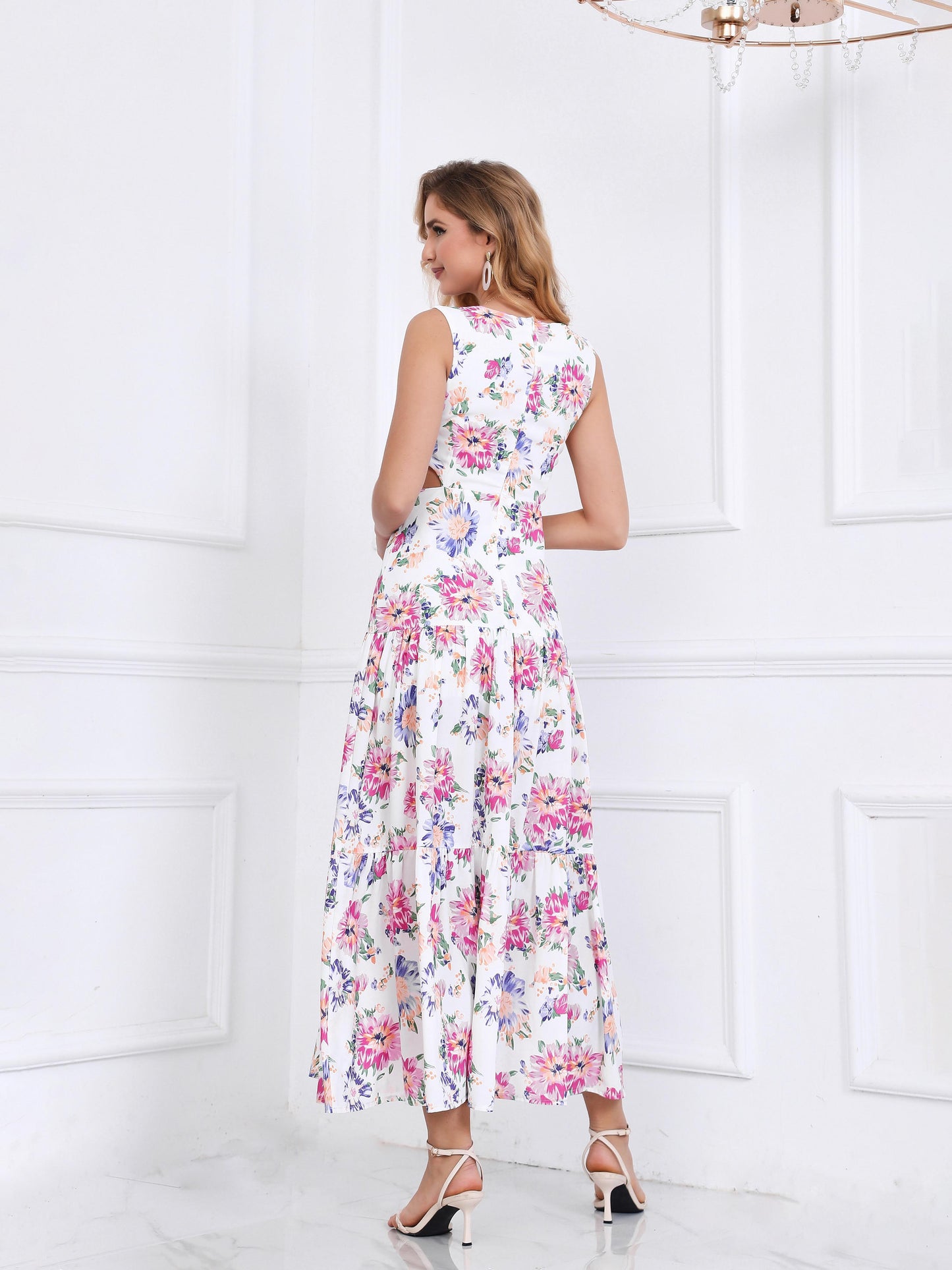 Women's Colorful Floral Print Sleeveless V-neck Waist-cut Midi Dress, Elegant Waisted Flared Dress