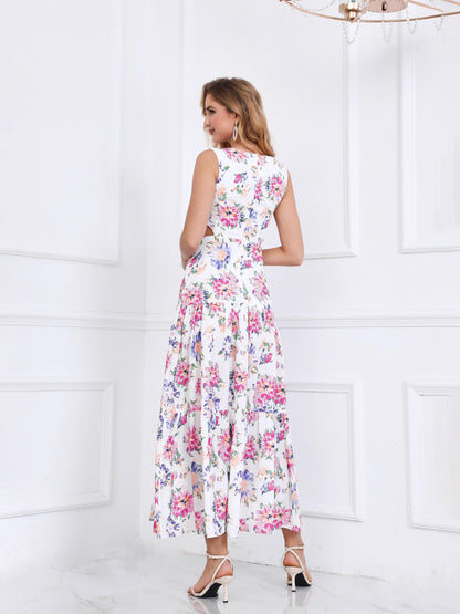 Women's Colorful Floral Print Sleeveless V-neck Waist-cut Midi Dress, Elegant Waisted Flared Dress