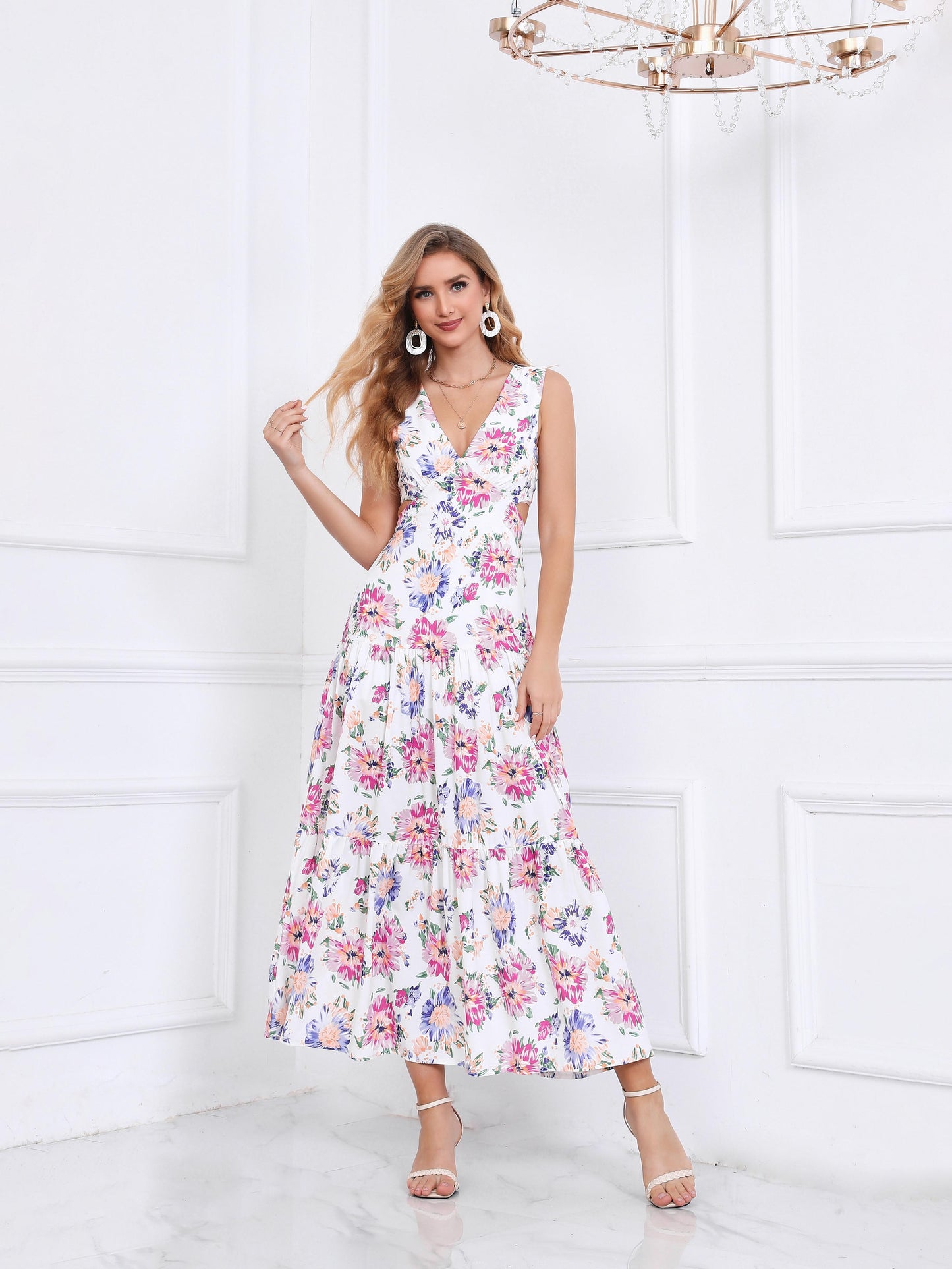 Women's Colorful Floral Print Sleeveless V-neck Waist-cut Midi Dress, Elegant Waisted Flared Dress