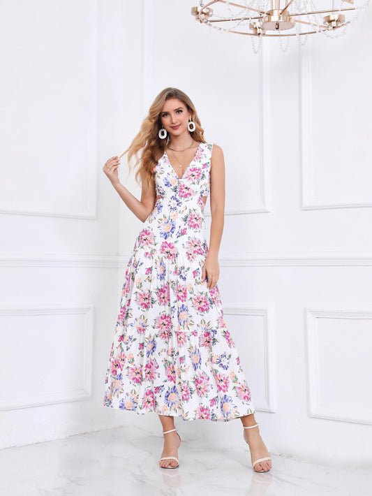 Women's Colorful Floral Print Sleeveless V-neck Waist-cut Midi Dress, Elegant Waisted Flared Dress