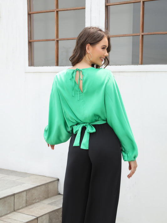 Women's Green Metal Chain Decorated Batwing Sleeve Cropped Satin Top, Party-style Retro Metallic Accent Crop Top