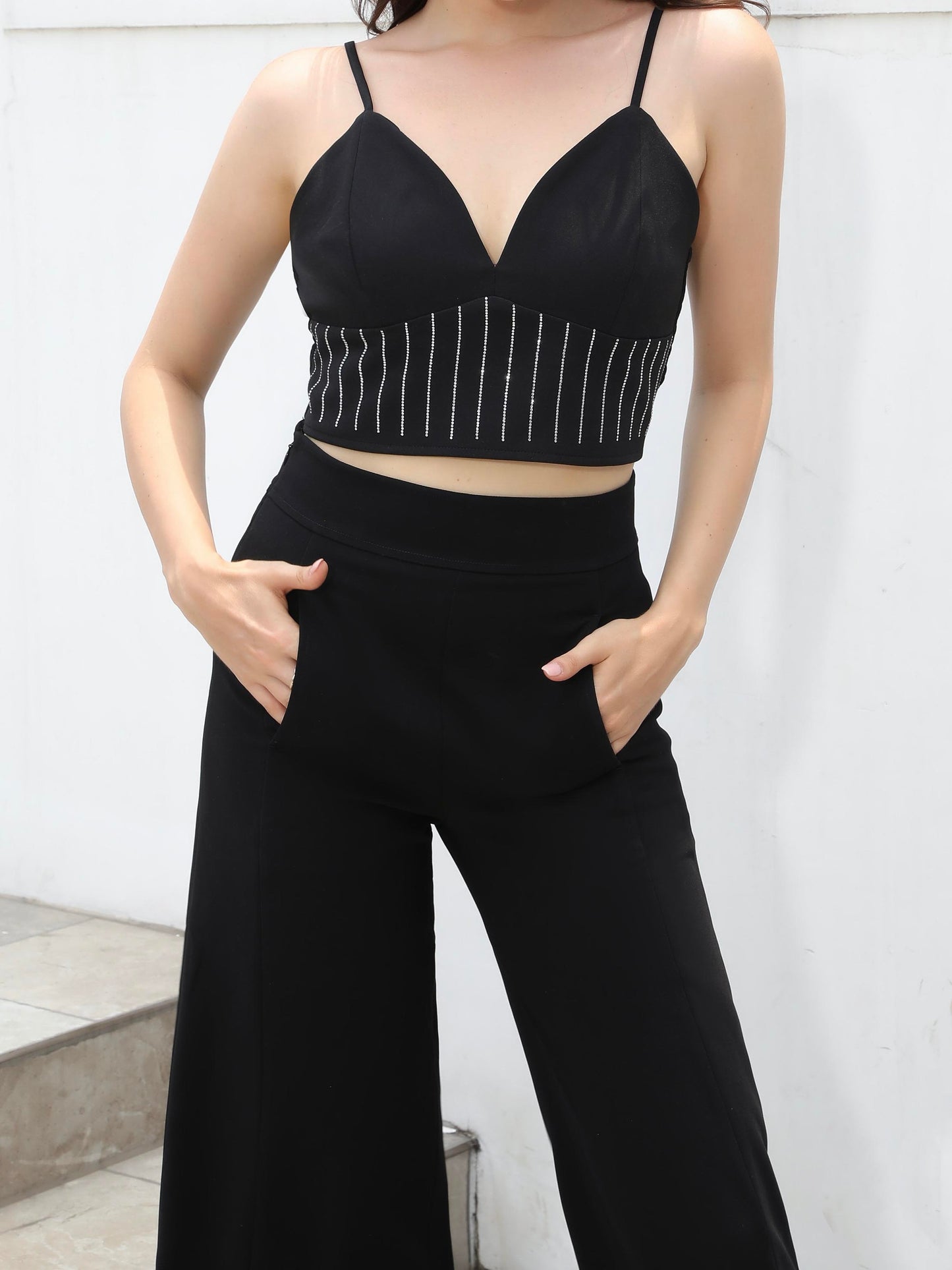Women's Black Rhinestone Decorated Camisole Crop Top + Wide-leg Pants Set, Party-style Retro Metallic Accent Two-piece Outfit