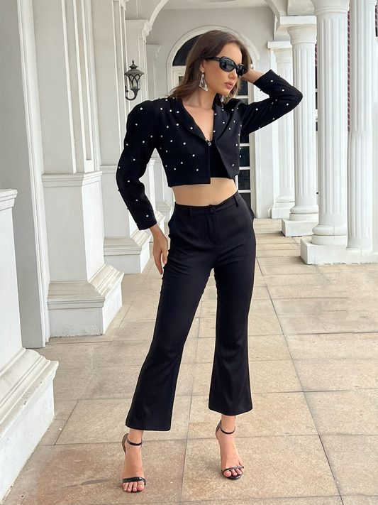 Women's Black Rhinestone Cropped Blazer + Flared Pants Set, Edgy Girl Metallic Accent Two-piece Outfit
