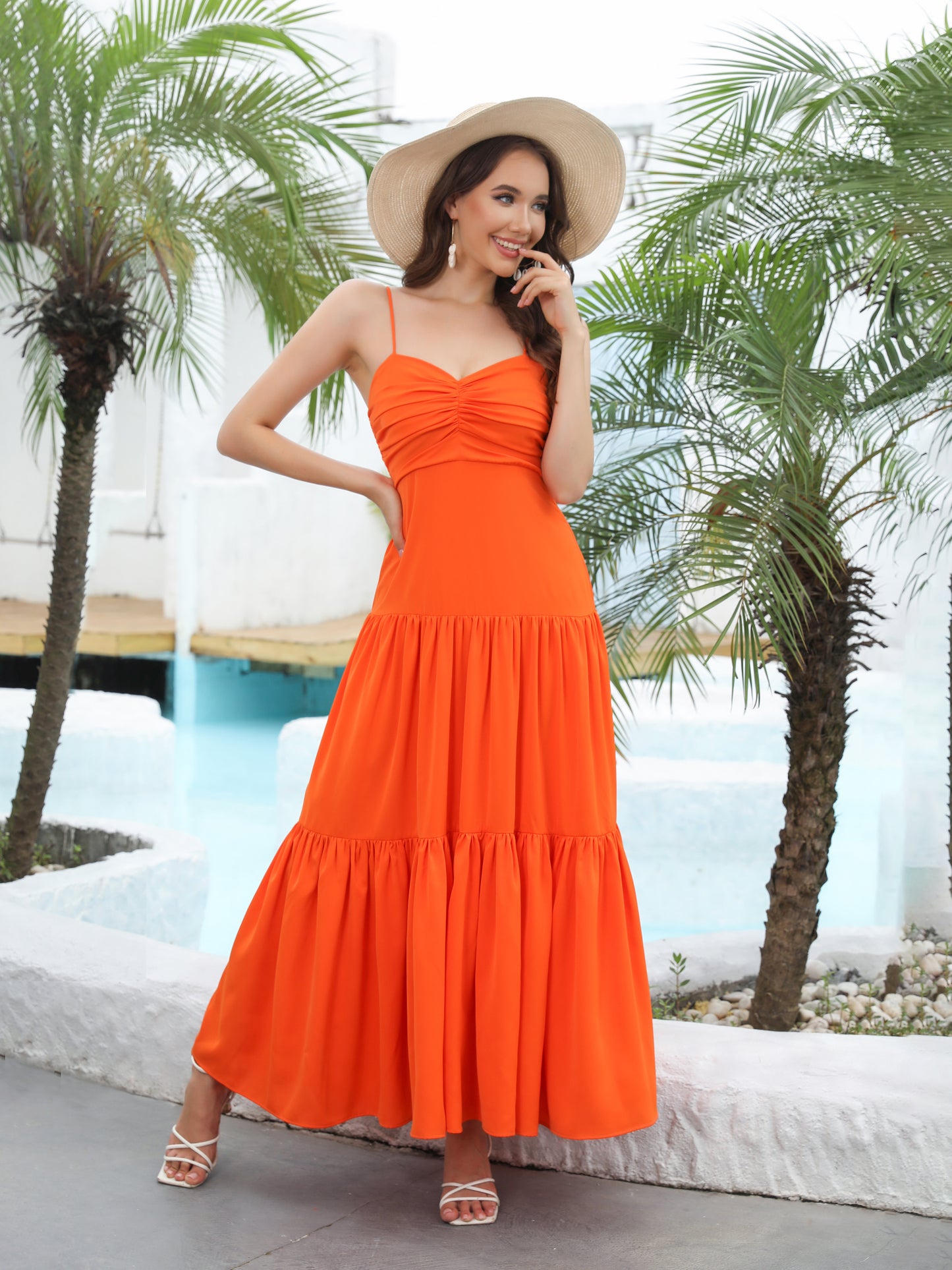 Women's Orange Camisole Ruched Tiered Maxi Dress, Holiday-style Sweet Slimming A-line Dress