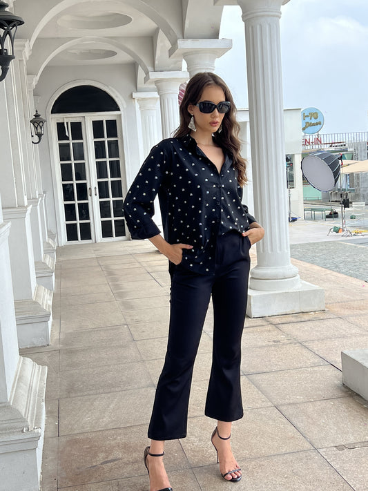 Women's Black Small Polka Dot Loose Shirt + Black Pants Set, Office-style Minimalist Slimming Two-piece Outfit